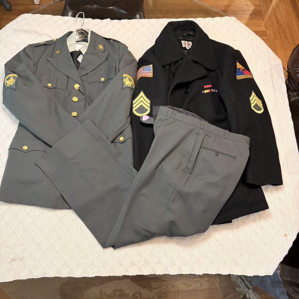 Vtg Army uniform jacket and trousers and black wool coat with patches Ironsides